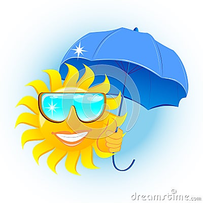 Smiling sun holding an umbrella Cartoon Illustration